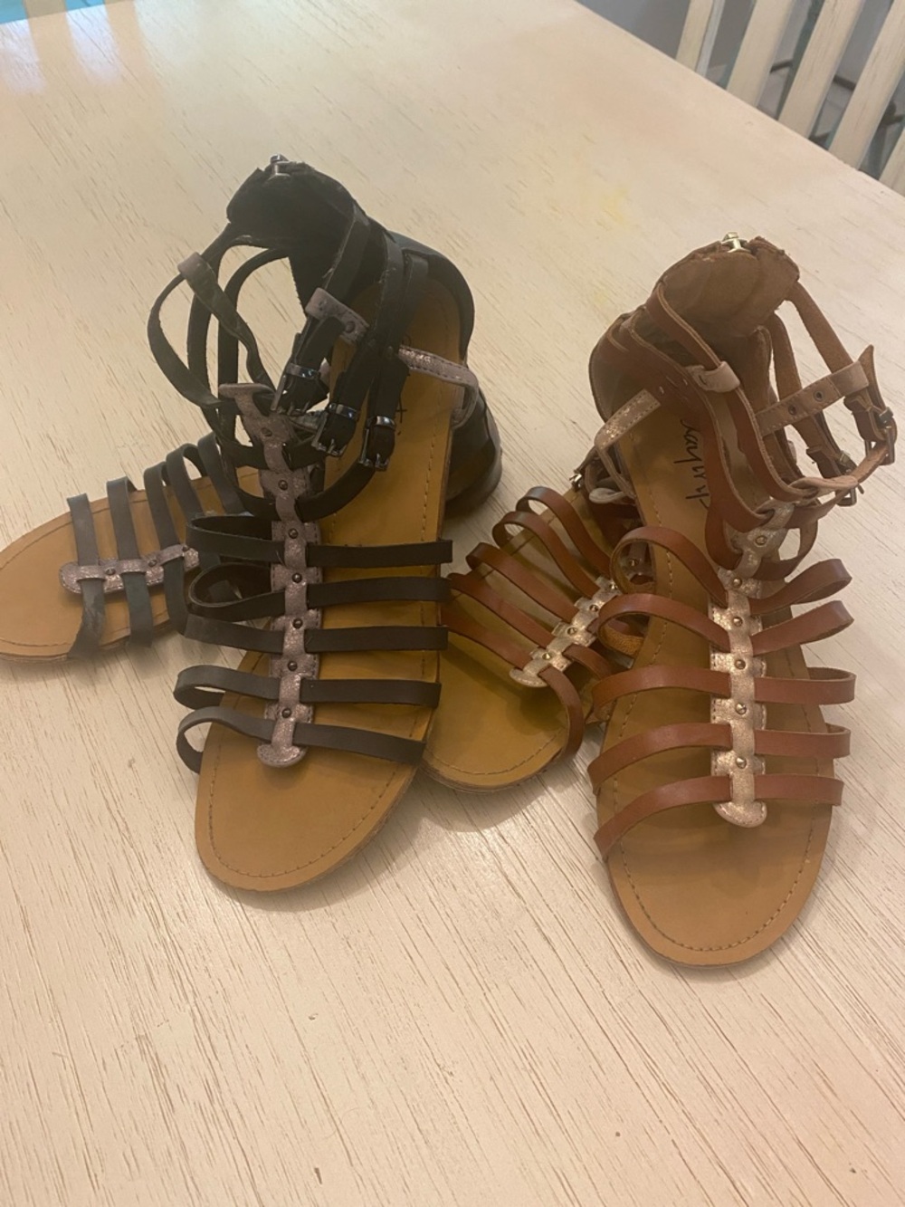 Daytrip Strappy Gladiator Sandals in Black and Brown with Metallic T-Strap